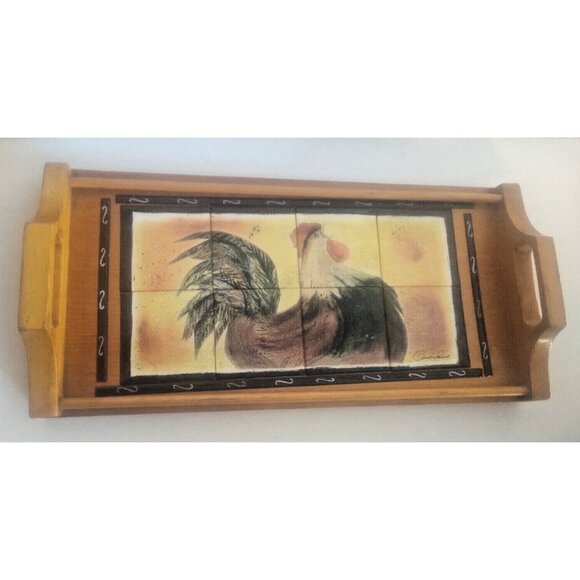 Vintage Handled Wooden Tray with Ceramic Tile Inlaid Rooster Artist Signed - Picture 3 of 13